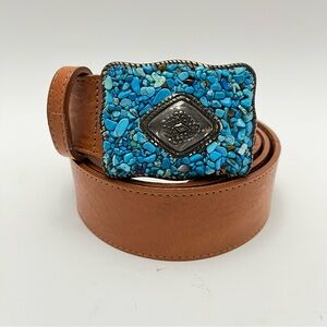 Avignon Brown Leather Western Belt Turquoise and Silver Buckle made in USA Boho